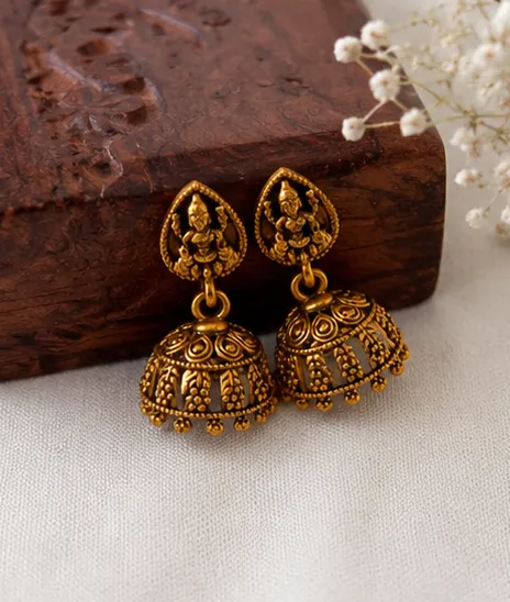 Elegant Teardrop Lakshmi Antique Gold Jhumkas